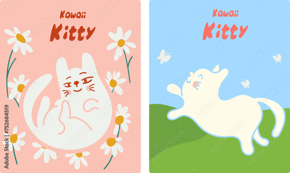 Kawaii Cats vector illustration  Smiling Kitty, cute and round-faced cat