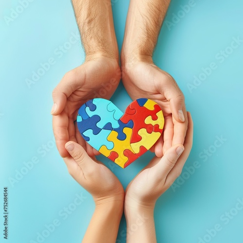 World autism awareness day concept. Adult and child hands holding puzzle heart on light blue background 
