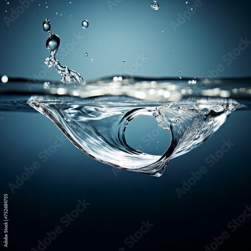 A water droplet descends beneath the surface, transforming into a liquid fish shape diving nose-down, accompanied by a gentle ripple and a subtle splash