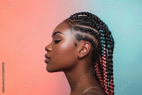 side view of woman with braids against soft pastel colored background,