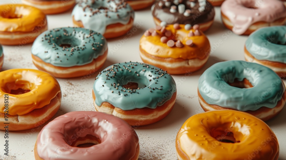 Close-up of assorted gourmet donuts with glazes and toppings, perfect for a sweet treat or dessert Close-up of assorted gourmet donuts with glazes and toppings, perfect for a sweet treat or dessert