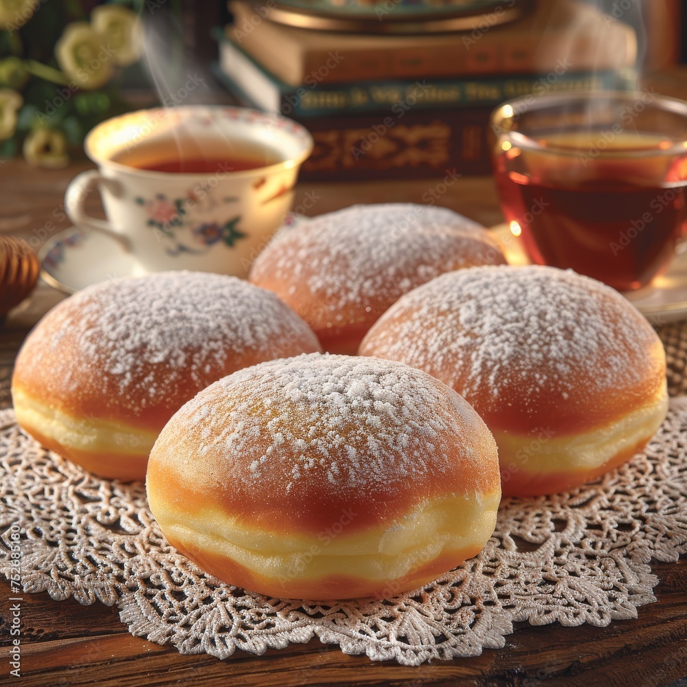 Delicious dusted donuts with a soft powdered topping served with a cup of tea on a lace cloth, evoking a homely and inviting feel Delicious dusted donuts with a soft powdered topping served with a cup of tea on a lace cloth, evoking a homely and inviting feel