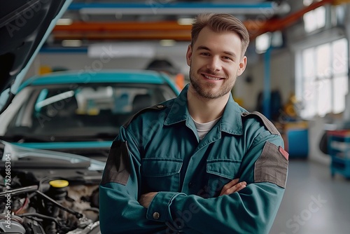 Handsome auto service mechanic in uniform is standing on the background of car with open hood, smiling and looking at camera. Car repair and maintenance
