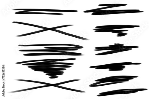 Underline and strike through markers collection. Hand drawn thick lines and strokes. Underline set isolated on white background. Grunge collection of brush strokes written with marker.