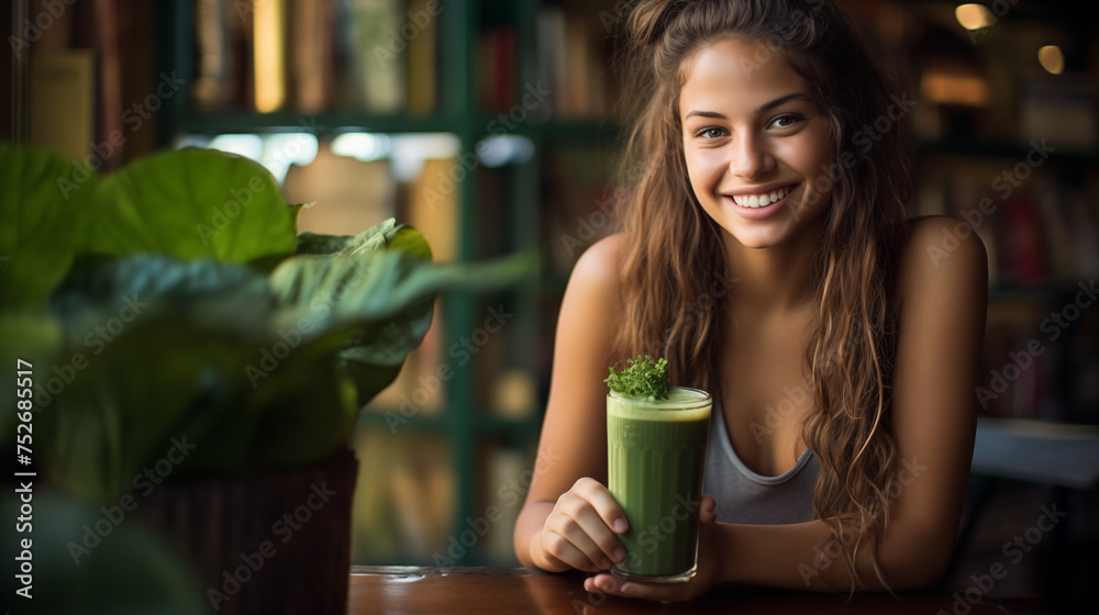 the enchanting scene of a girl with an infectious grin savoring a fresh green smoothie at a cozy cafe table, adorned with leafy plants and earthy decor