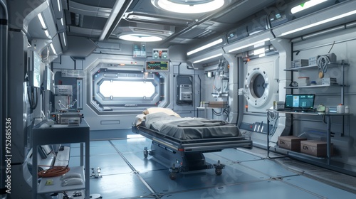 Create concept art for a sci-fi game on a spaceship. Create medical room concepts. The room is square