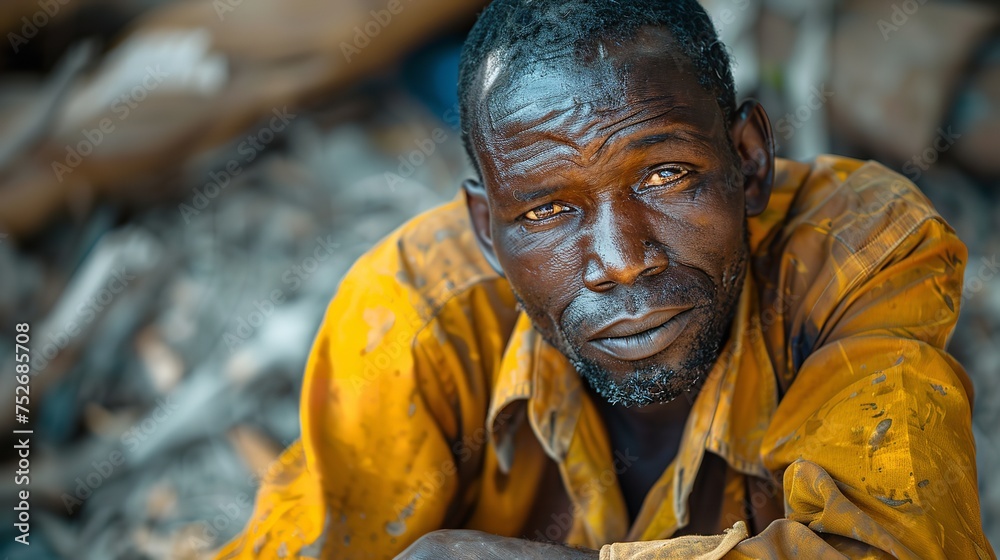 A poor African male labor taking rest after working in with a space and blurry backdrop, Generative AI.