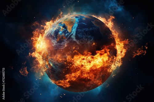 concepts of global catastrophe. The planet earth is on fire, in space. Climate change, cataclysms, natural disasters, lead to the destruction of the planet.