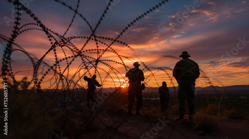 Nestled within the rolling hills and scrubland along the Texas-Mexico border, a group of vigilant military and border guards clad in tactical gear maintains a watchful presence © Tahsin