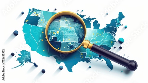 map of the usa with stylish search glass over top of it using the colors bright blue and black on a solid white background with hints of yellow