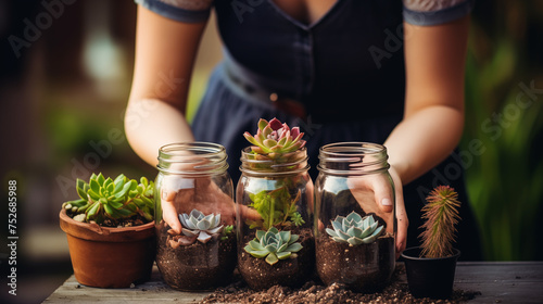 Immerse yourself in the tranquil setting as female hands, adorned with garden soil, tenderly nurture a variety of succulents nestled in rustic, repurposed mason jars