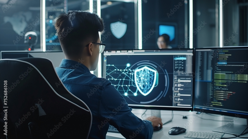 Fototapeta premium Privacy and cybersecurity principles to safeguard data. Internet network security technologies and the lock icon.