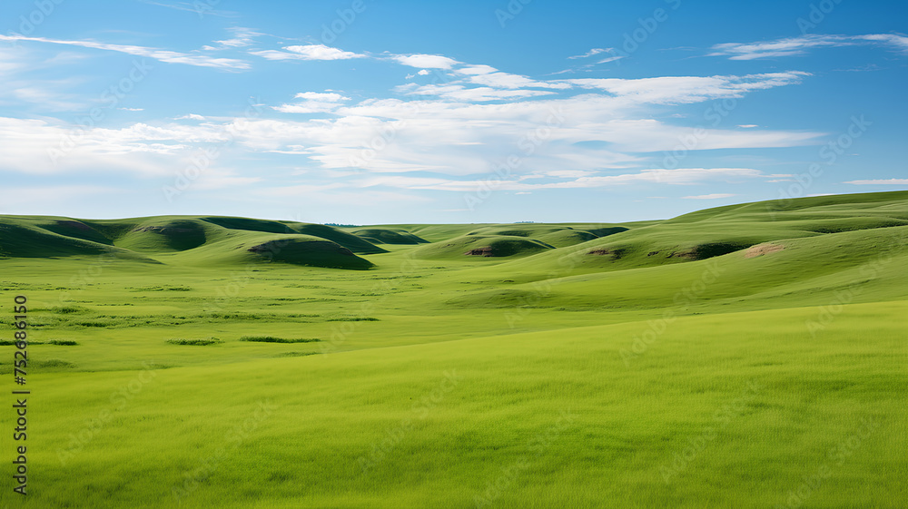 Fototapeta premium Rolling hills of vibrant green grass with a backdrop of a dramatic cloudy sky, depict a serene rural landscape. 
