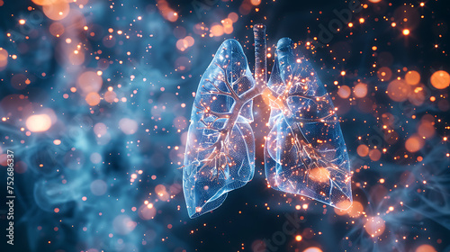 Futuristic visualization of smoke particles attacking lung cells with a digital shield activating to protect them. Generative AI illustration 