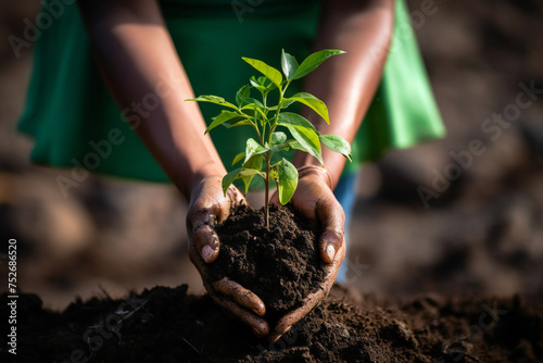 environment Earth Day In the hands of trees growing seedlings. Bokeh green Background Female hand holding tree on nature field grass Forest conservation concept Generative AI photo