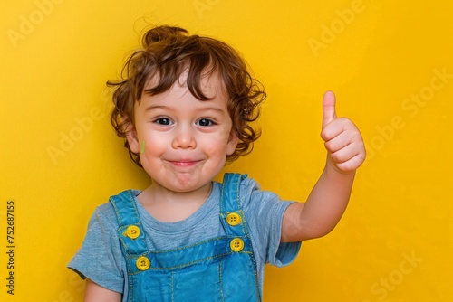 A toddler happily gives a thumbs up sign against a bright yellow background.
