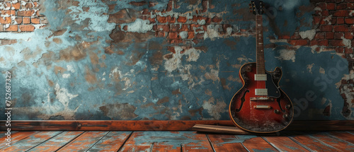 guitar leaning against Old Brick Wall grunge gain. with Urban Graffiti and Vintage Paint Abstract city Art