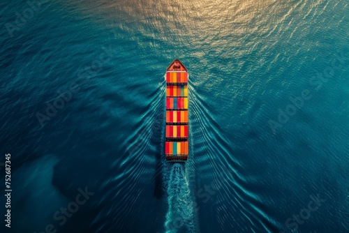 A cargo ship carrying containers for import and export, business logistics, and transportation sailing on the open sea.