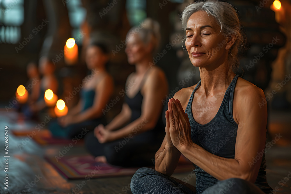 Group of Senior Woman Practicing Yoga and Meditation. Healthy Active Lifestyle Group of Senior Woman Practicing Yoga and Meditation. Healthy Active Lifestyle