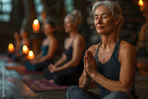 Group of Senior Woman Practicing Yoga and Meditation. Healthy Active Lifestyle