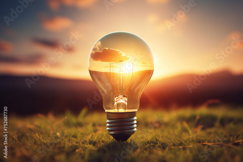Vintage looking lightbulbs that are powered by photovoltaics, on a sunset background. save energy concept. Solar energy concept Or natural energy. Generative AI