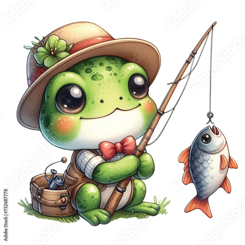 Cartoon frog holding a fishing rod clipart watercolor 