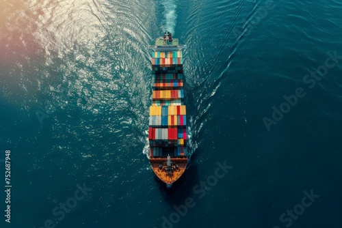 A large container ship navigating through the vast ocean, transporting cargo across international waters.