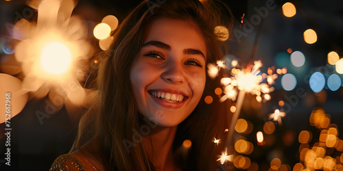 young woman holding sparkler at party