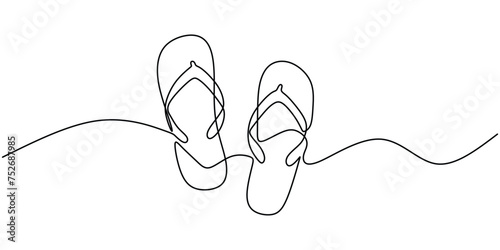 Continuous line drawing of flip flop sandals. One line art hand drawn outline summer footwear.