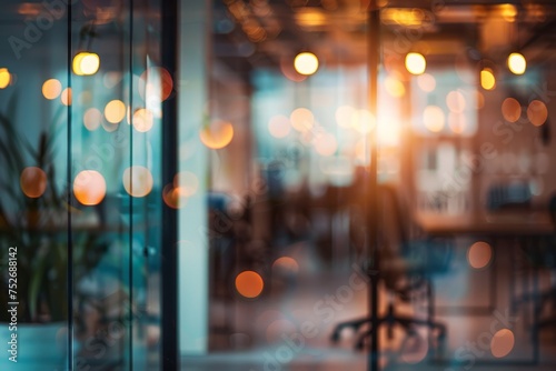 A blurred view of an interior room with a glass door  creating a sense of motion and mystery.