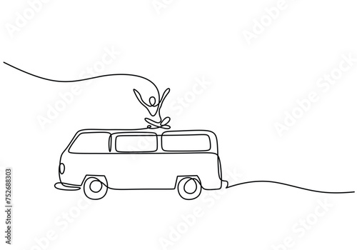 One line drawing of people with van car. Continuous single outline happy holiday summer activity with vintage van.
