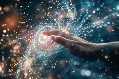A persons hand reaching towards a shining star in the night sky  making first contact with light particles in a spinning vortex.