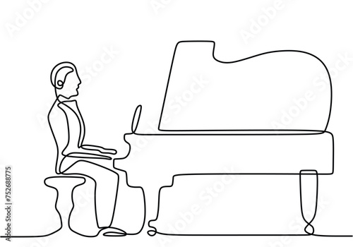 Person playing piano. One line drawing. Continuous outline editable stroke vector. A man of pianist sitting and play music.