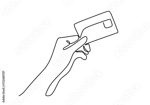 Continuous line drawing hand holding a bank credit card
