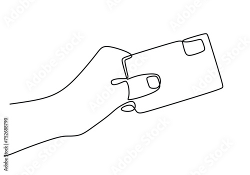 Continuous line drawing hand holding a bank credit card