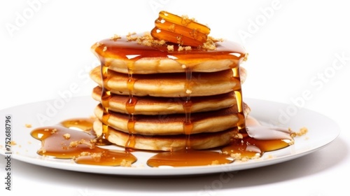 Pancakes with syrup isolated by white background. Generative AI © Wellyan