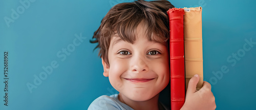 happy boy next to some books on a blue background photo
