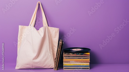 white tote bag rests on a colorful collection of vinyl albums