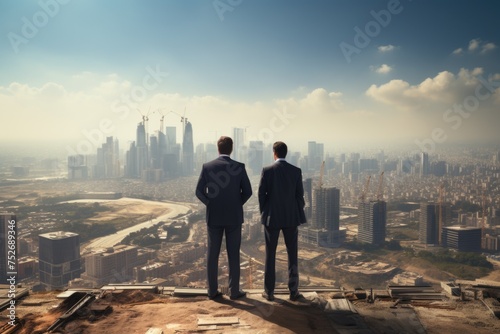 Businessmen on roof - investments  patron  business  economic growth strategic capital investment and innovative building initiatives  success in the dynamic landscape of entrepreneurial development.