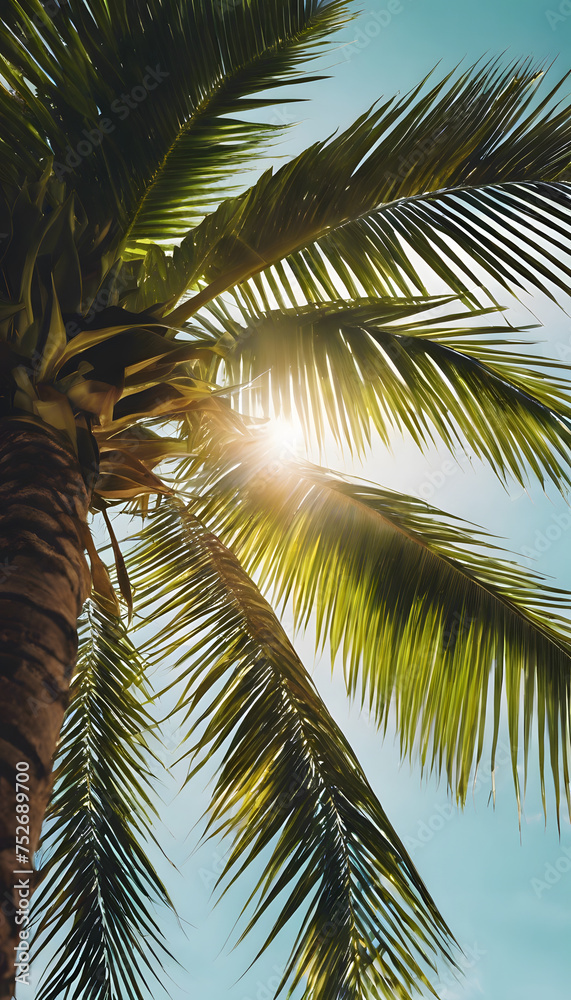 Fototapeta premium Sunlight peeking through tropical palm leaves against a clear sky.