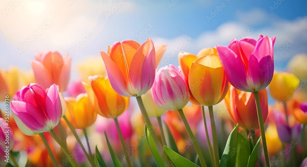Close-up of a vibrant tulip field, focus with background space