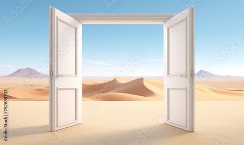 A stark white door opens to a vast  barren desert under a clear blue sky  juxtaposing escape and isolation in a surreal setting