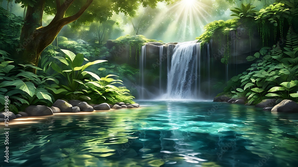 Serene waterfall in a lush green forest with sunbeams piercing through the foliage.