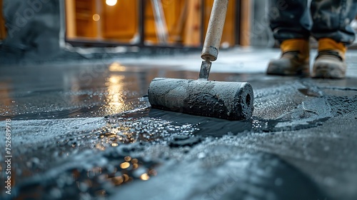 For self-leveling cement mortar for floors, use a master with a needle roller for fresh screed concrete with space for text or product, Generative AI. © Electric Wolf