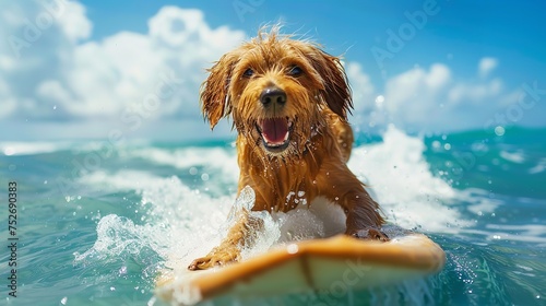 In a hot summer day a dog is surfing on a surfboard in sea with a big space for text or product, Generative AI. photo