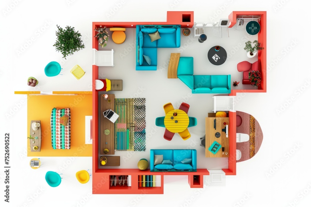 Picture of Eclectic apartment floor plan with vibrant colors, eclectic decor, and ...