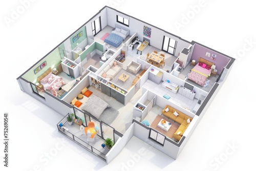 Family-friendly apartment layout with separate bedrooms, a spacious living area, and a playroom, on isolated white background, Generative AI