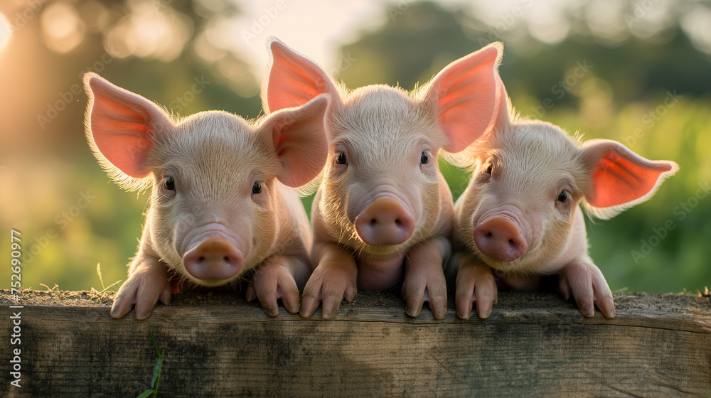 3 cute piglets sitting on a farm fence happy , Evening sun light , in the meadow. 3 cute piglets sitting on a farm fence happy , Evening sun light , in the meadow.