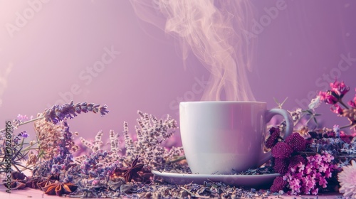 delicate porcelain cup with floral designs holds steaming tea on a purple background, surrounded by colorful wildflowers