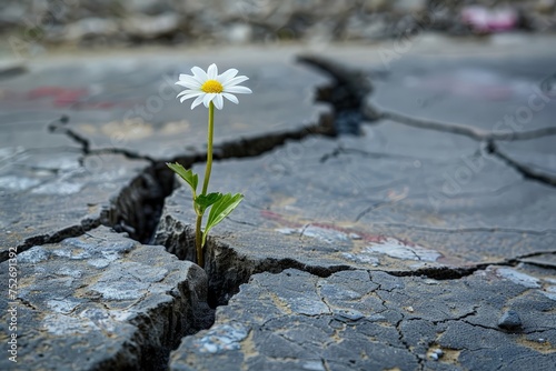 A small flower defies odds, growing out of a crack in the ground. © pham